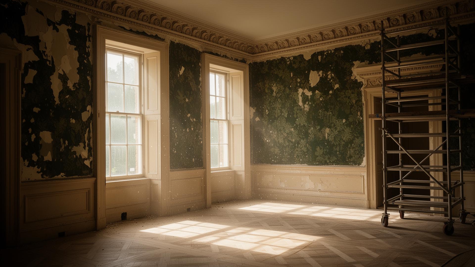 Restoration interior of Wallsend Hall showing original parquet flooring