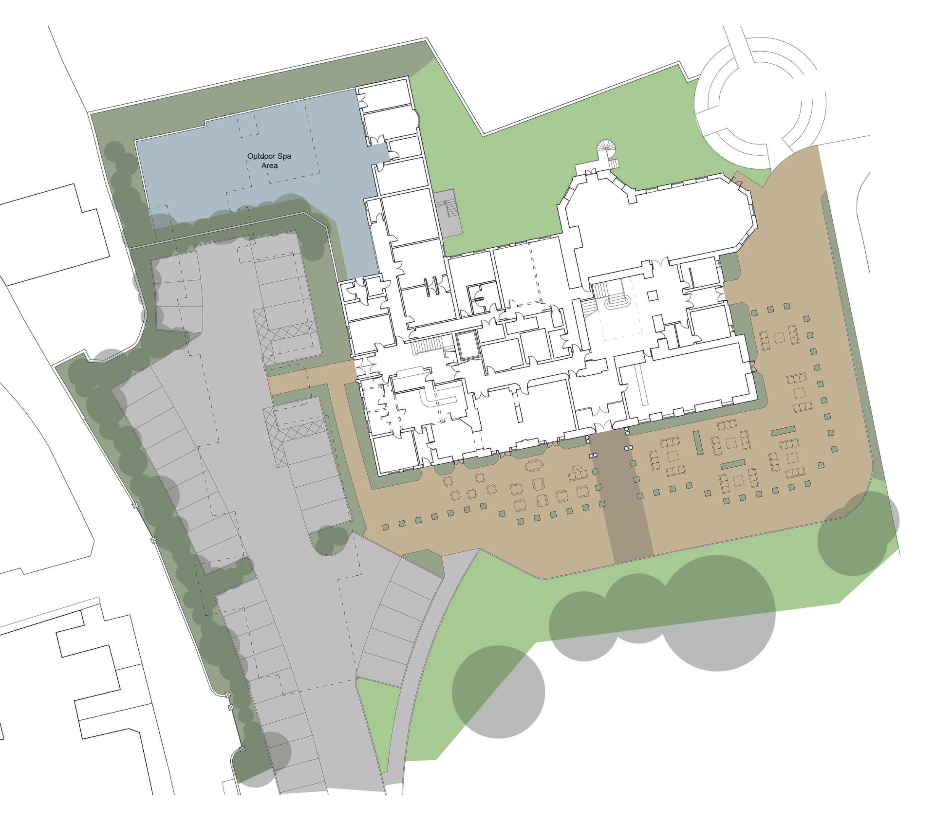 Concept site plan for Wallsend Hall showing the restored manor house, outdoor spa area, landscaped gardens, terrace and parking